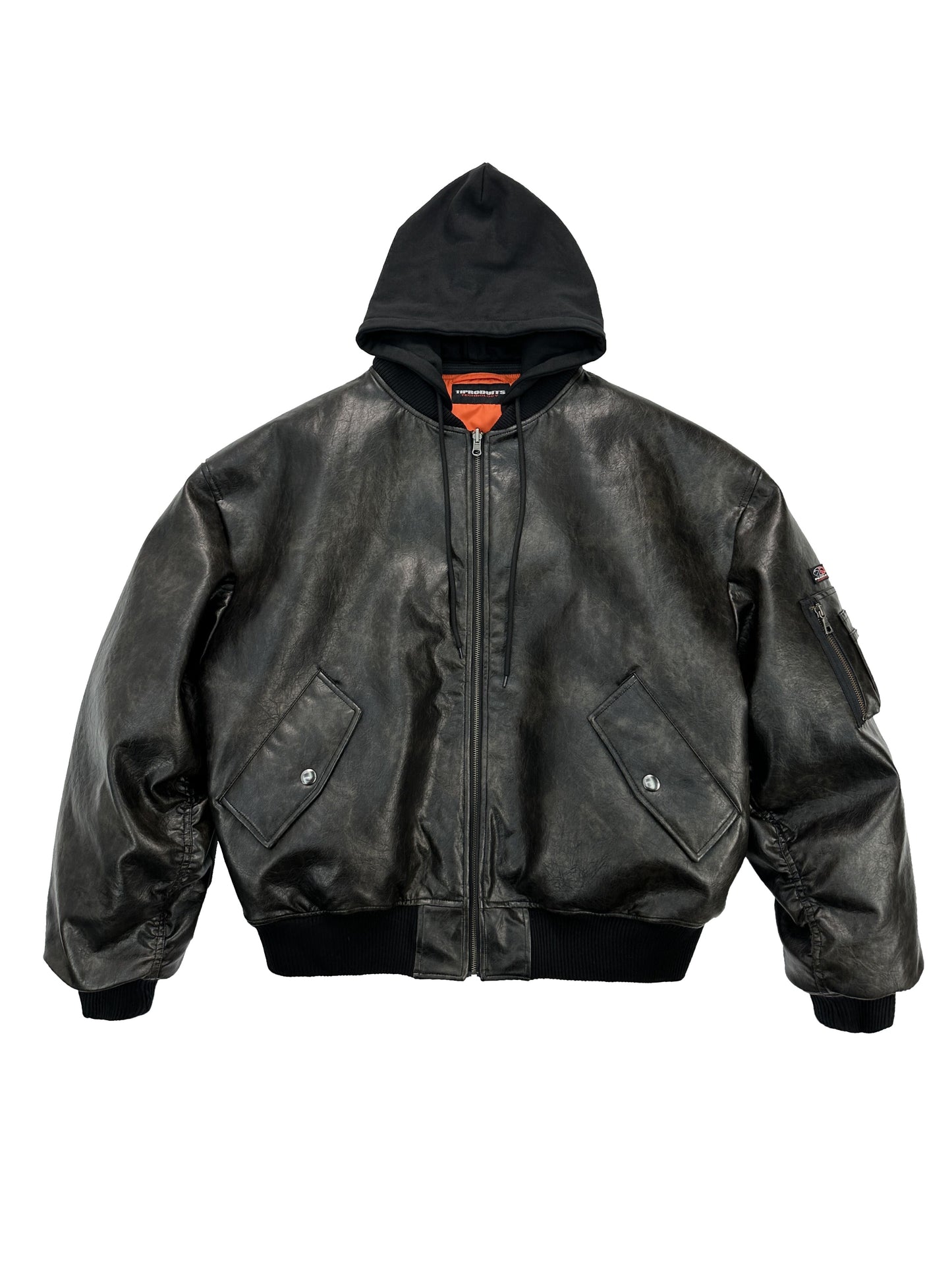 Heavyweight leather hooded bomber